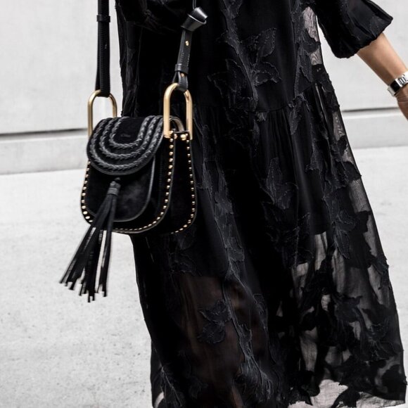 Aritzia WILFRED Dufour Black Sheer Leaf Jacquard Midi Peasant Dress, Size S - Picture 15 of 16